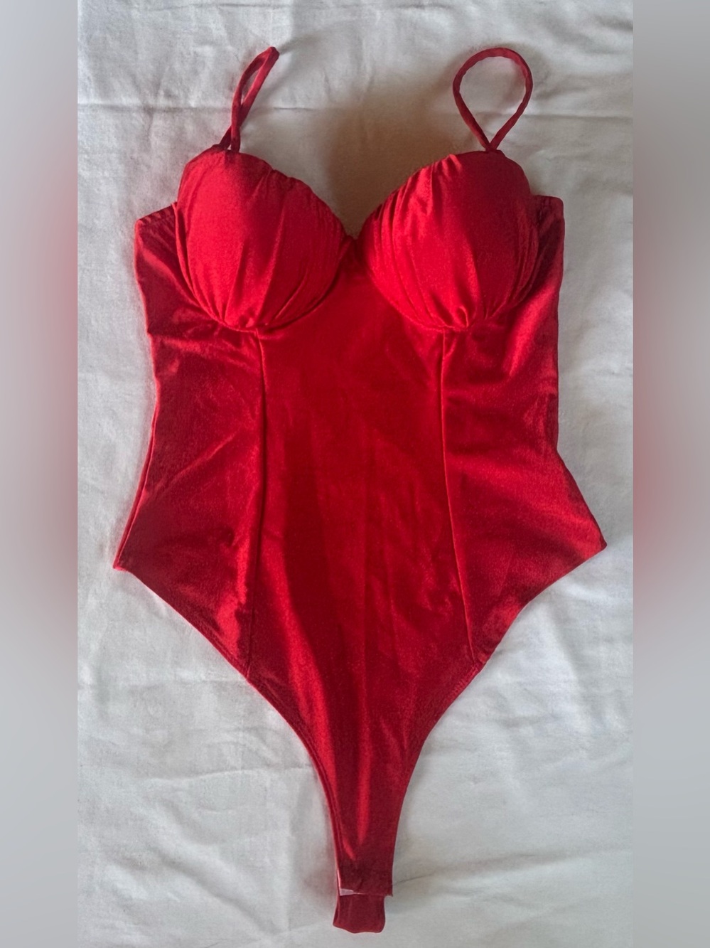 Red Sculpted Cup Bodysuit with Adjustable Straps